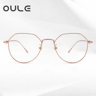OULE 男女同款多边形防辐射眼镜 纯钛防蓝光近视眼镜框 玫瑰金