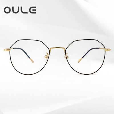 OULE 男女同款多边形防辐射眼镜 纯钛防蓝光近视眼镜框 黑金色