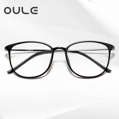 OULE 男女款纯钛近视眼镜架 超轻透明大框圆形防蓝光眼镜 磨砂黑