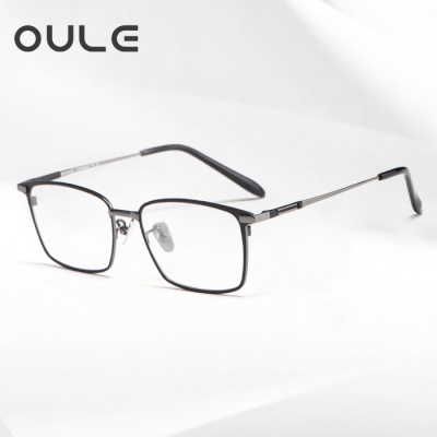 OULE 新款纯钛眼镜架时尚复古方框眼镜 方形大框近视眼镜 黑枪色