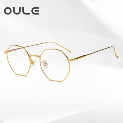 OULE 超轻纯钛防蓝光眼镜 男女同款高端多边形钛架 金色