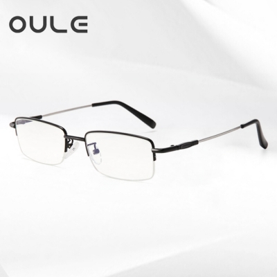 OULE 超轻男士记忆钛合金半框眼镜 时尚商务防蓝光近视眼镜框 黑色