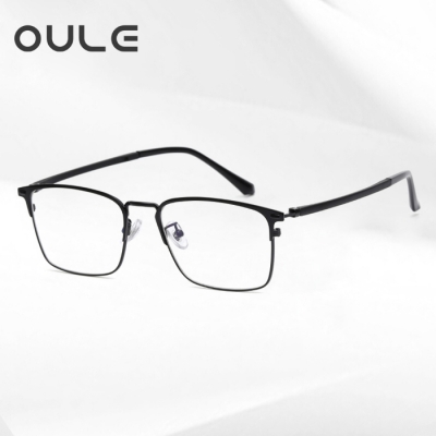OULE 男女同款金属方框眼镜 时尚潮流防蓝光复古眼镜架 黑色