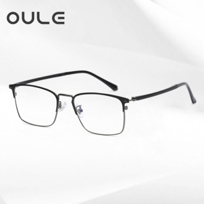 OULE 男女同款金属方框眼镜 时尚潮流防蓝光复古眼镜架 枪色