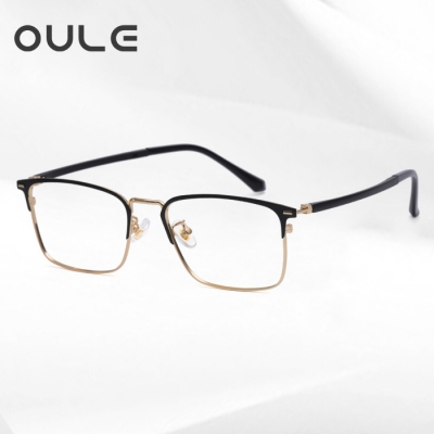 OULE 男女同款金属方框眼镜 时尚潮流防蓝光复古眼镜架 黑金色
