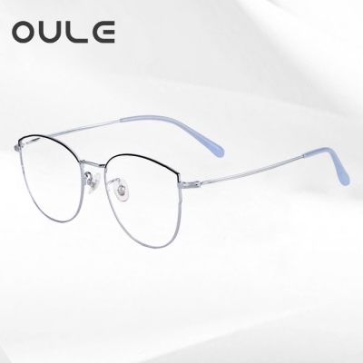 OULE 超轻钛架复古文艺眼镜 防蓝光辐射女近视眼镜框 黑银色