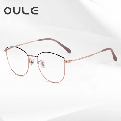 OULE 超轻钛架复古文艺眼镜 防蓝光辐射女近视眼镜框 黑玫瑰金