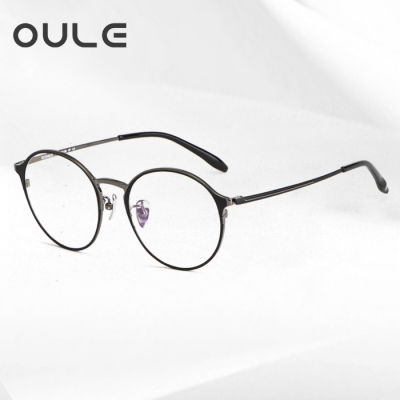 OULE 新款纯钛眼镜框 复古圆形防蓝光眼镜架 黑枪色