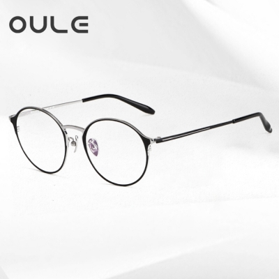 OULE 新款纯钛眼镜框 复古圆形防蓝光眼镜架 黑银色