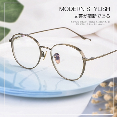 OULE 纯钛眼镜框超轻时尚复古圆形近视眼镜架 防蓝光辐射眼镜 古铜色
