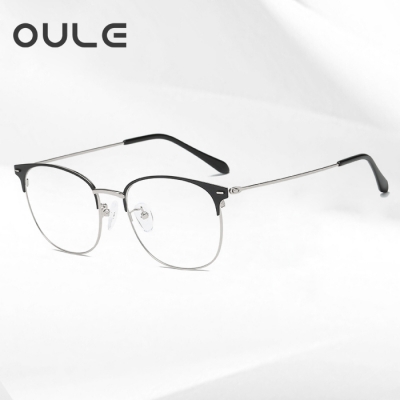 OULE 男女同款金属复古眼镜框 时尚潮流超轻金属眼镜 黑银色