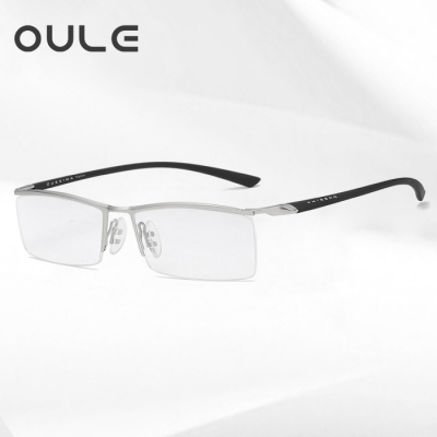 OULE 男士半框商务眼镜框 商务眉线防蓝光近视眼镜架 银色
