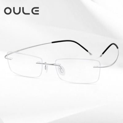 OULE 超轻纯钛无框近视眼镜 时尚方形商务眼镜框 银色