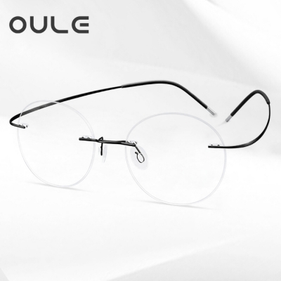 OULE 超轻纯钛无框近视眼镜框 男女复古圆形眼镜架 黑色