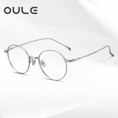 OULE 男女同款超轻纯钛眼镜 时尚圆框近视眼镜钛架 银色