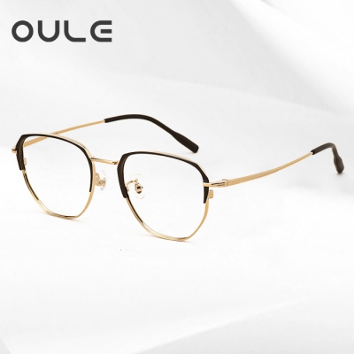 OULE 超轻高端纯钛复古眼镜框 男女同款网红圆脸近视眼镜 黑配金