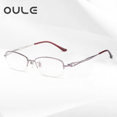 OULE 女士超轻纯钛半框眼镜 时尚商务防蓝光近视眼镜架 紫银色
