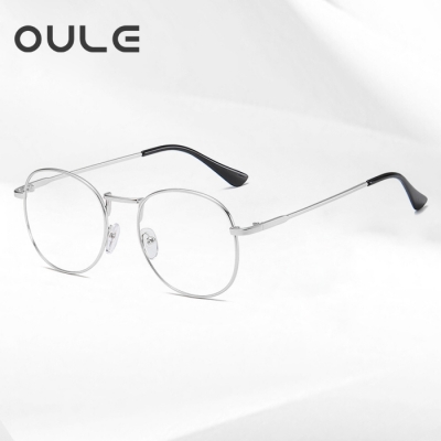 OULE 新款复古椭圆全框近视眼镜 男女防蓝光近视眼镜框 银色