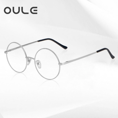 OULE 男女经典圆形复古眼镜框 文艺潮流全框金属合金眼镜架 银色大号