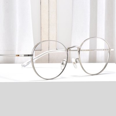 OULE 粗边框圆眼镜框 男女同款可配高度厚边近视眼镜架 银色