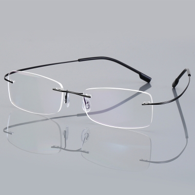 OULE 无框超轻钛合金眼镜框 时尚潮流商务大脸防蓝光眼镜 黑色