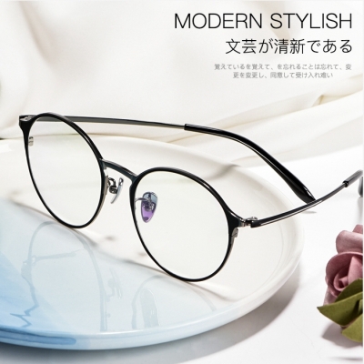 OULE 新款纯钛眼镜框 复古圆形防蓝光眼镜架 黑色