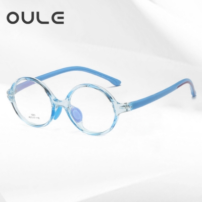 OULE 儿童全框架圆形眼镜 简约学生复古时尚近视眼镜框 透蓝框